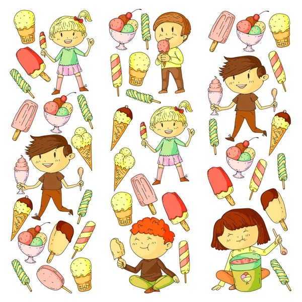 Kleine Kinder, die Eis essen. süße Erdbeerbonbons für Kinder. leckeres Vanille, Orange, Kiwi-Dessert. — Stockvektor