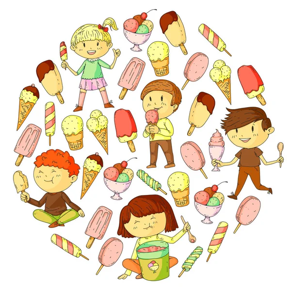Kleine kinderen eten van ijs. Zoete aardbei snoep voor kinderen. Lekkere vanille, oranje, kiwi dessert. — Stockvector