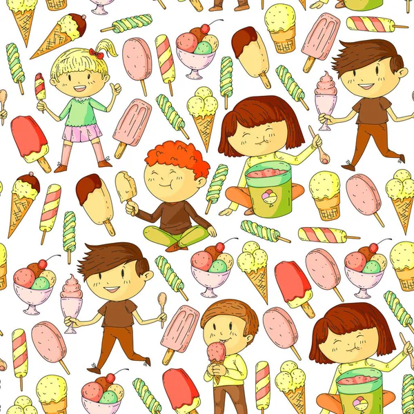 Small Children Eating Ice Cream Sweet Strawberry Candy Kids Tasty — Stock Vector