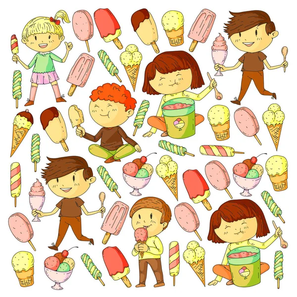Small children eating ice cream. Sweet strawberry candy for kids. Tasty vanilla, orange, kiwi dessert. — Stock Vector