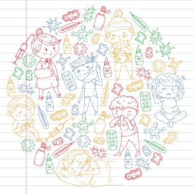 Çocuk Tıp Merkezi. Sağlık illüstrasyon. Küçük çocuklar, enfeksiyon, ateş, soğuk, virüs, hastalık ile doodle simgeler.