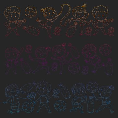 Çocuk yarışmaları spor. Genç atheles oynarken futbol, futbol, beyzbol, basketbol. Çalışan kız ve erkek. Rhythic jimnastik, artistik patinaj görüntüleri.