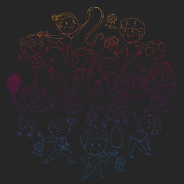 Çocuk yarışmaları spor. Genç atheles oynarken futbol, futbol, beyzbol, basketbol. Çalışan kız ve erkek. Rhythic jimnastik, artistik patinaj görüntüleri.