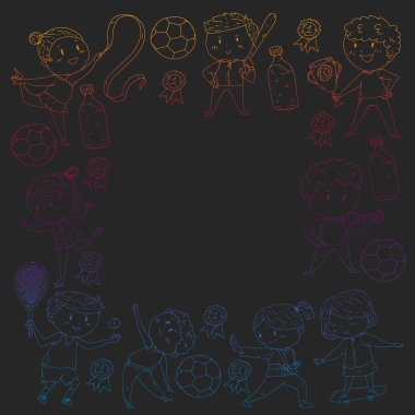 Çocuk yarışmaları spor. Genç atheles oynarken futbol, futbol, beyzbol, basketbol. Çalışan kız ve erkek. Rhythic jimnastik, artistik patinaj görüntüleri.