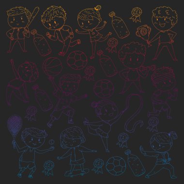 Çocuk yarışmaları spor. Genç atheles oynarken futbol, futbol, beyzbol, basketbol. Çalışan kız ve erkek. Rhythic jimnastik, artistik patinaj görüntüleri.