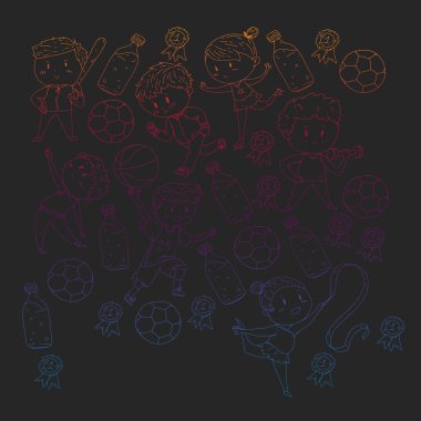 Çocuk yarışmaları spor. Genç atheles oynarken futbol, futbol, beyzbol, basketbol. Çalışan kız ve erkek. Rhythic jimnastik, artistik patinaj görüntüleri.