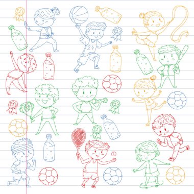 Çocuk yarışmaları spor. Genç atheles oynarken futbol, futbol, beyzbol, basketbol. Çalışan kız ve erkek. Rhythic jimnastik, artistik patinaj görüntüleri.