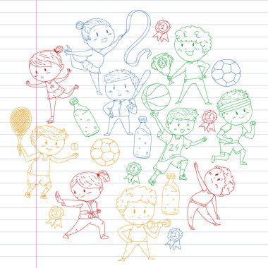 Çocuk yarışmaları spor. Genç atheles oynarken futbol, futbol, beyzbol, basketbol. Çalışan kız ve erkek. Rhythic jimnastik, artistik patinaj görüntüleri.