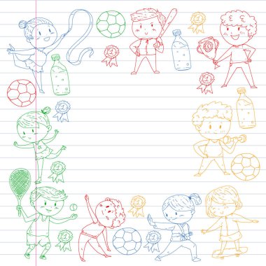 Çocuk yarışmaları spor. Genç atheles oynarken futbol, futbol, beyzbol, basketbol. Çalışan kız ve erkek. Rhythic jimnastik, artistik patinaj görüntüleri