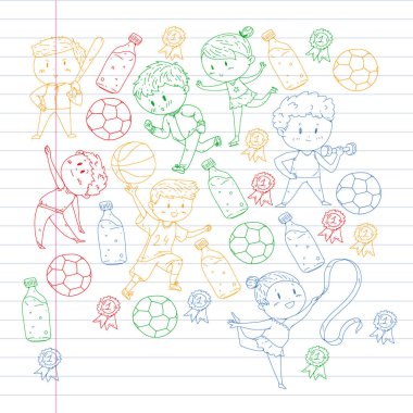 Çocuk yarışmaları spor. Genç atheles oynarken futbol, futbol, beyzbol, basketbol. Çalışan kız ve erkek. Rhythic jimnastik, artistik patinaj görüntüleri.