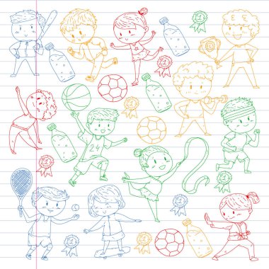 Çocuk yarışmaları spor. Genç atheles oynarken futbol, futbol, beyzbol, basketbol. Çalışan kız ve erkek. Rhythic jimnastik, artistik patinaj görüntüleri.