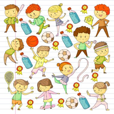 Çocuk yarışmaları spor. Genç atheles oynarken futbol, futbol, beyzbol, basketbol. Çalışan kız ve erkek. Rhythic jimnastik, artistik patinaj görüntüleri.
