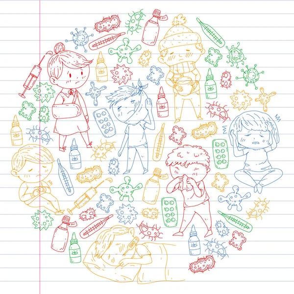 Centro médico de crianças. ilustração de cuidados de saúde. Ícones de doodle com crianças pequenas, infecção, febre, frio, vírus, doença . — Vetor de Stock