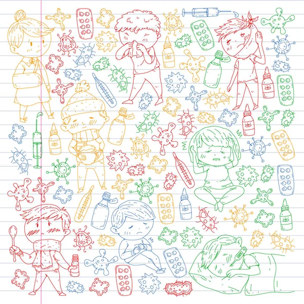 Medisch centrum van de kinderen. Illustratie van de gezondheidszorg. Doodle pictogrammen met kleine kinderen, infectie, koorts, koude, virus, ziekte. — Stockvector