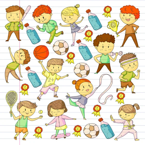 Competiciones deportivas para niños. Ateles jóvenes jugando fútbol, fútbol, béisbol, baloncesto. Chicos y chicas corriendo. Imágenes de gimnasia rítmica, patinaje artístico . — Vector de stock