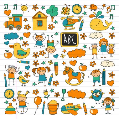 Vektör Anaokulu çocuk kümesiyle doodle. Küçük çocuk oynamak, öğrenmek, birlikte eğleniyor