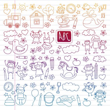 Vektör Anaokulu çocuk kümesiyle doodle. Küçük çocuk oynamak, öğrenmek, birlikte eğleniyor