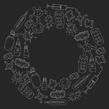 Öksürük, hap, grip, grip, hastalık. Doodle simgeler vektör desen. Sağlık ve Tıp.