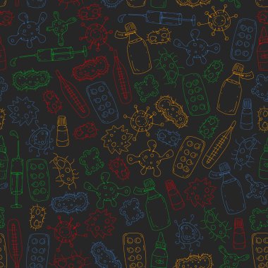 Öksürük, hap, grip, grip, hastalık. Doodle simgeler vektör desen. Sağlık ve Tıp.