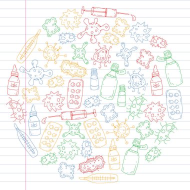 Öksürük, hap, grip, grip, hastalık. Doodle simgeler vektör desen. Sağlık ve Tıp.