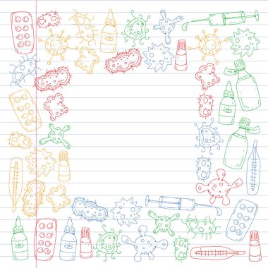 Öksürük, hap, grip, grip, hastalık. Doodle simgeler vektör desen. Sağlık ve Tıp.