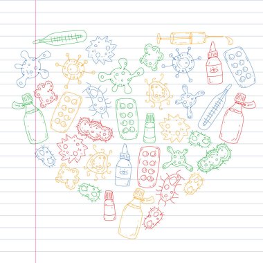 Öksürük, hap, grip, grip, hastalık. Doodle simgeler vektör desen. Sağlık ve Tıp.