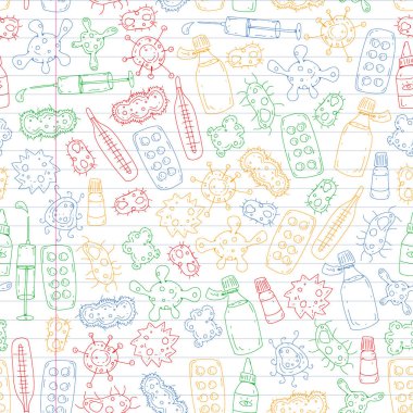 Öksürük, hap, grip, grip, hastalık. Doodle simgeler vektör desen. Sağlık ve Tıp.