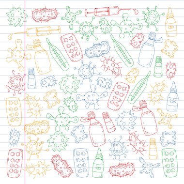 Öksürük, hap, grip, grip, hastalık. Doodle simgeler vektör desen. Sağlık ve Tıp.