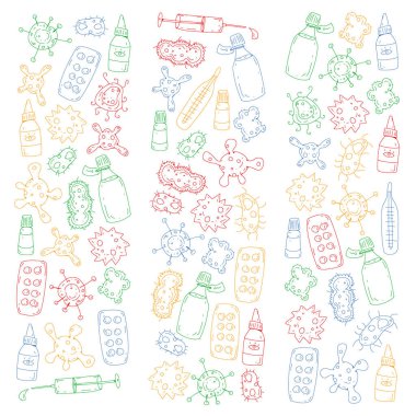 Öksürük, hap, grip, grip, hastalık. Doodle simgeler vektör desen. Sağlık ve Tıp.