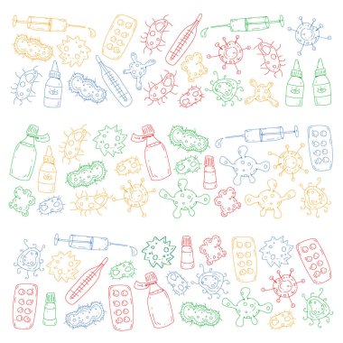 Öksürük, hap, grip, grip, hastalık. Doodle simgeler vektör desen. Sağlık ve Tıp.