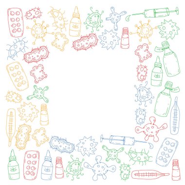 Öksürük, hap, grip, grip, hastalık. Doodle simgeler vektör desen. Sağlık ve Tıp.