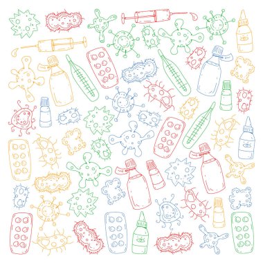 Öksürük, hap, grip, grip, hastalık. Doodle simgeler vektör desen. Sağlık ve Tıp.