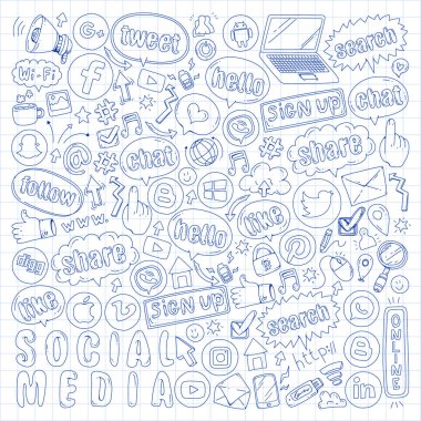 Sosyal medya ve ekip çalışması simgeler. Doodle görüntüler. Yönetimi, iş, Infographic.