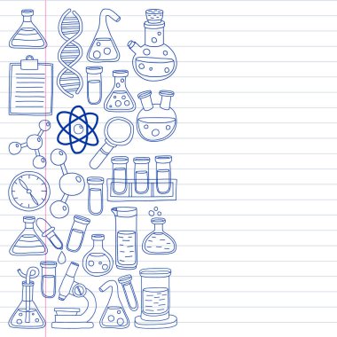 Kimya, bilim simgeler vektör kümesi. Laboratuvar Ekipmanları görüntüleri ile desen.