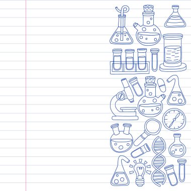 Kimya, bilim simgeler vektör kümesi. Laboratuvar Ekipmanları görüntüleri ile desen.