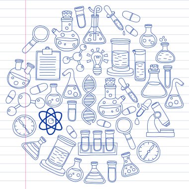 Kimya, bilim simgeler vektör kümesi. Laboratuvar Ekipmanları görüntüleri ile desen.
