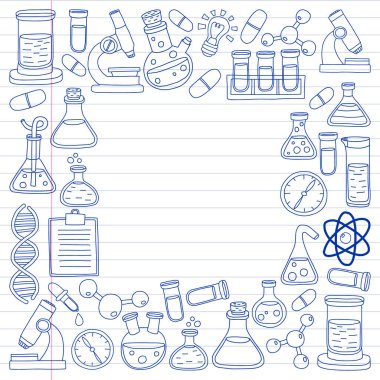 Kimya, bilim simgeler vektör kümesi. Laboratuvar Ekipmanları görüntüleri ile desen.