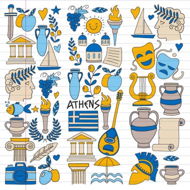 Yunanistan'a seyahat. Vektör Doodle stil ikonları ile ayarla