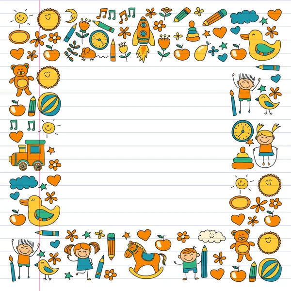 Vector doodle set with kindergarten children. Small kids play, learn, having fun together — Stock Vector
