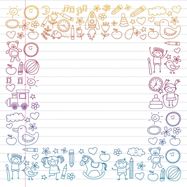 Vector doodle set with kindergarten children. Small kids play, learn, having fun together — Stock Vector