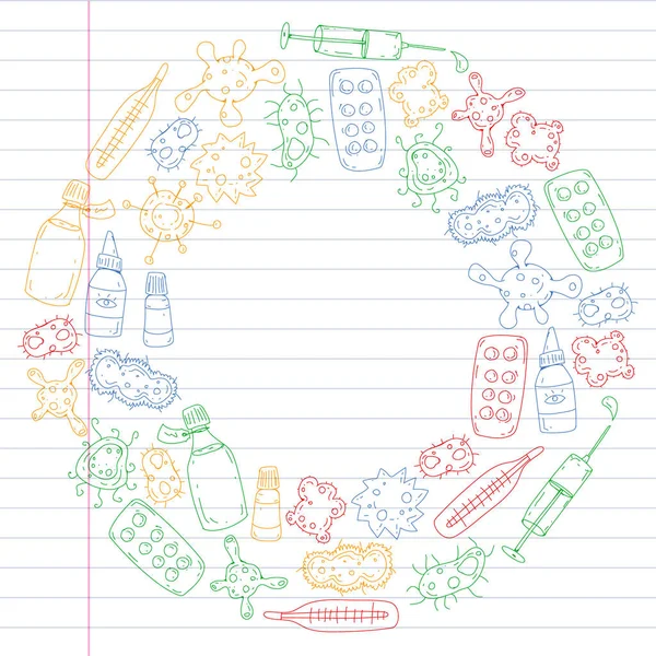 Βήχας, γρίπη, γρίπη, χάπια, ασθενείας. Διάνυσμα μοτίβο με doodle εικονίδια. Υγειονομικής περίθαλψης και της ιατρικής. — Διανυσματικό Αρχείο
