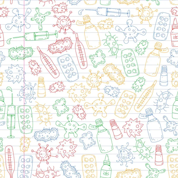 Öksürük, hap, grip, grip, hastalık. Doodle simgeler vektör desen. Sağlık ve Tıp.