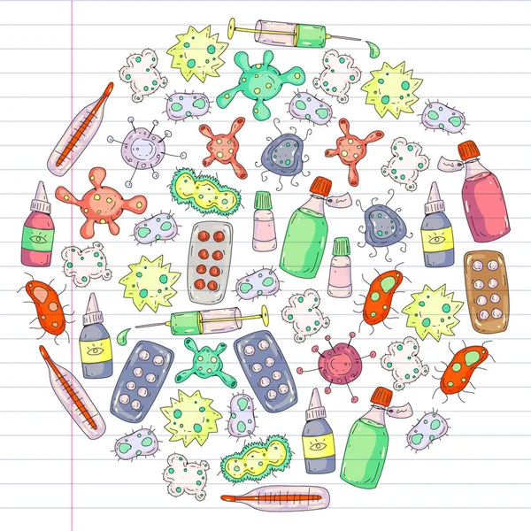 咳、丸薬、インフルエンザ、インフルエンザ、病気。落書きアイコン ベクトル パターン。薬と健康管理. — ストックベクタ