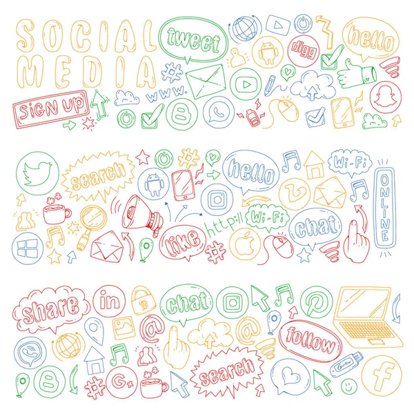 Social Media und Teamwork-Ikonen. Doodle-Bilder. Management, Wirtschaft, Infografik. — Stockvektor