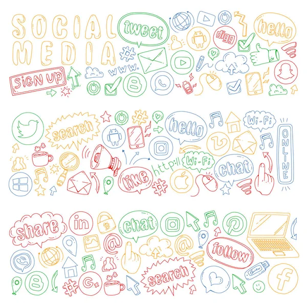 Szociális média és a csapatmunka ikonok. Doodle képek. Menedzsment, üzleti, infographic. — Stock Vector