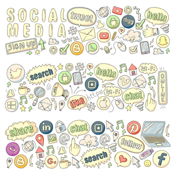 Iconos de redes sociales y trabajo en equipo. Patrones sobre fondo negro. Ilustración de tiza en pizarra. Gestión, negocios . — Vector de stock