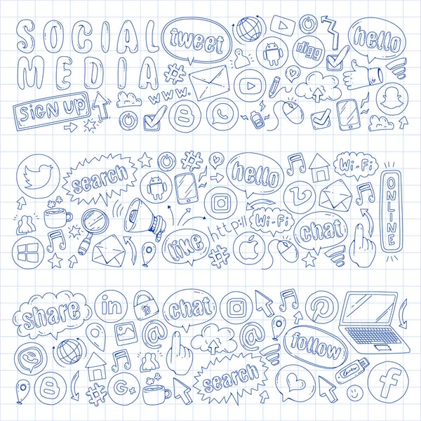 Sociální média a týmovou práci ikony. Doodle obrazy. Management, obchod, infografika. — Stockový vektor