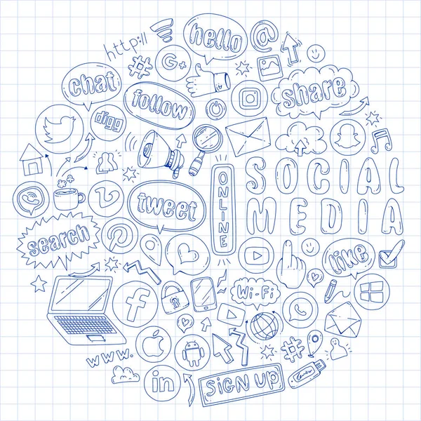 Icônes des médias sociaux et du travail d'équipe. Doodle images. Gestion, affaires, infographie . — Image vectorielle