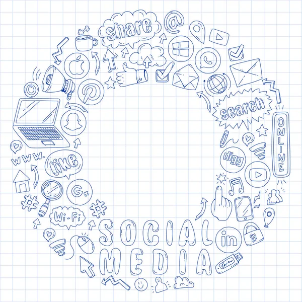 Sociala medier och lagarbete ikoner. Doodle bilder. Management, business, nyhetsgrafik. — Stock vektor