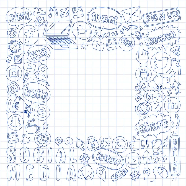 Mídia social e ícones de trabalho em equipe. Imagens de rabiscos. Gestão, negócios, infográfico . — Vetor de Stock